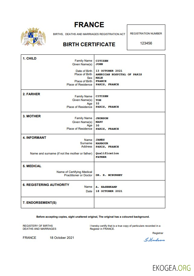 Modèle Word et PDF d'acte de naissance en France